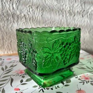 Vintage Green Glass Grape Design Square Vase